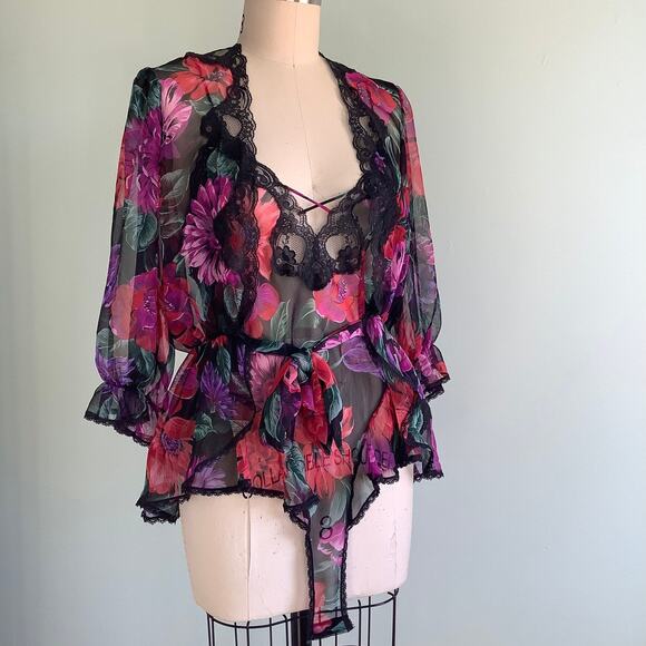 1980s Dark Floral Sheer Teddy & Bed Jacket Lucie Ann II Vintage Lingerie - Picture 9 of 9